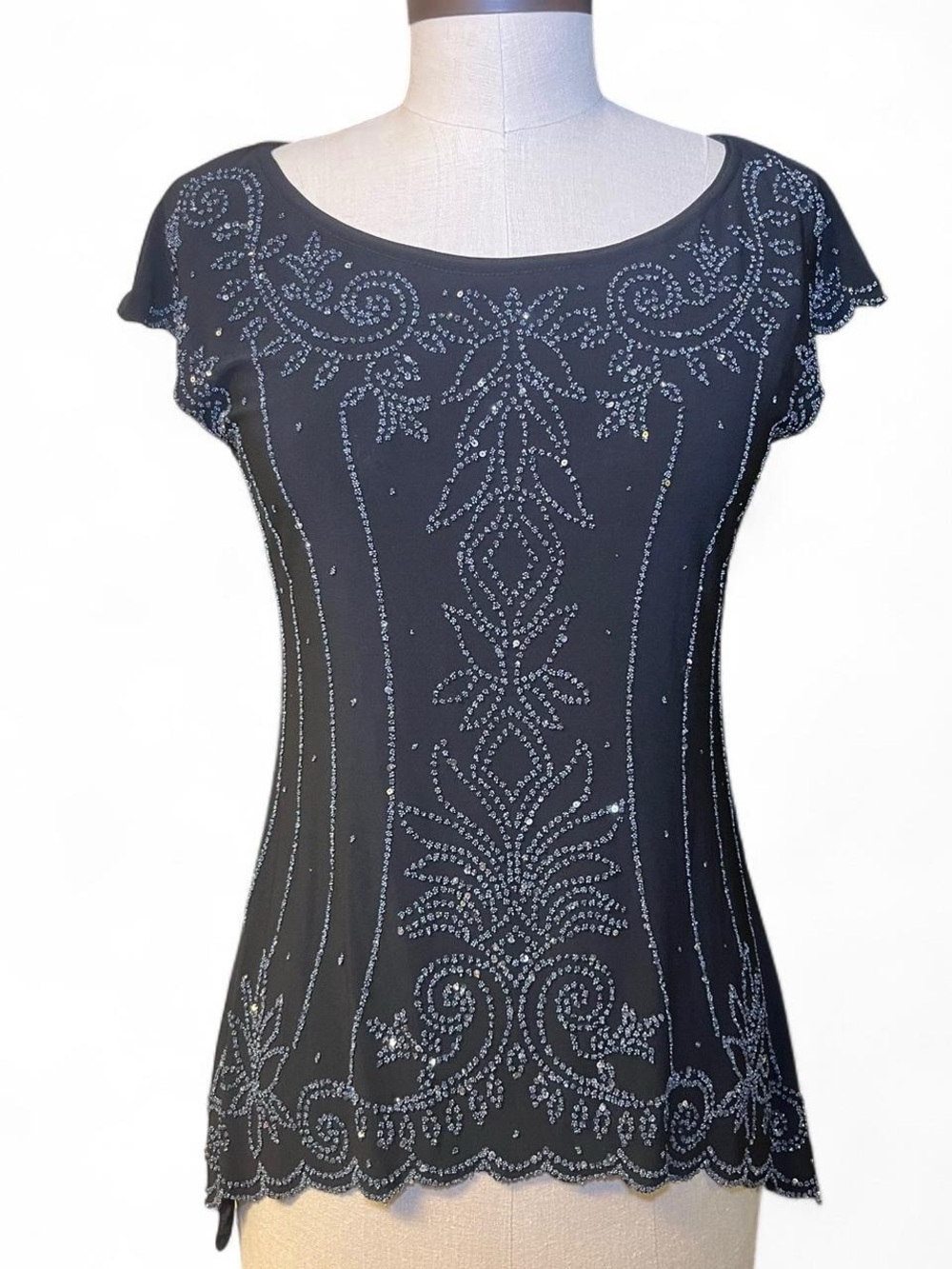 dressbarn Black Scoop Neck Short Sleeve Top with Beaded Detail